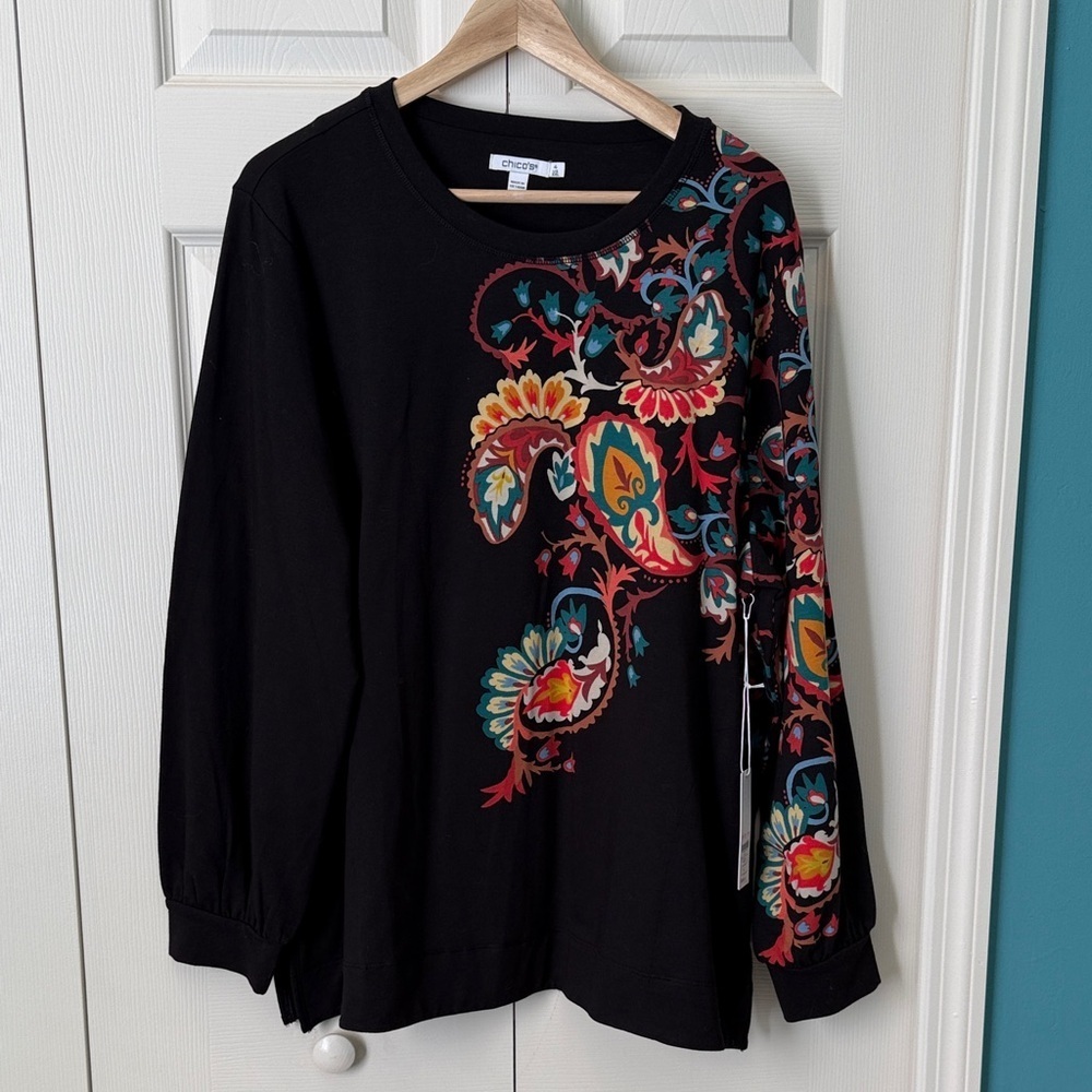 # NWT Chico's XXL Upscale Sweatshirt with Vibrant Paisley Accents